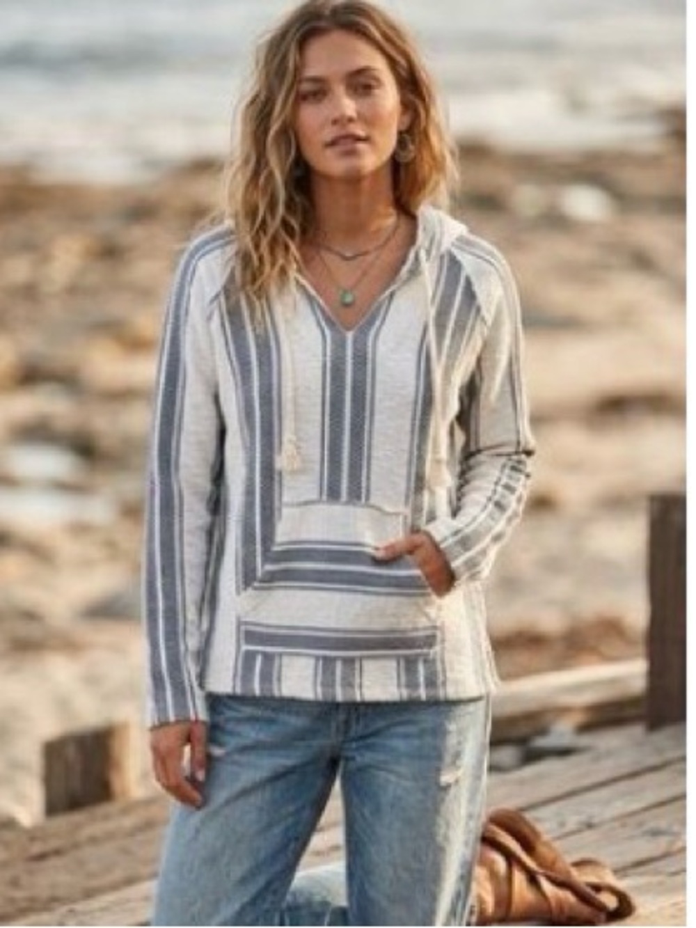 Ocean Drive Women's Hooded Baja Sweater - White & Navy Stripe